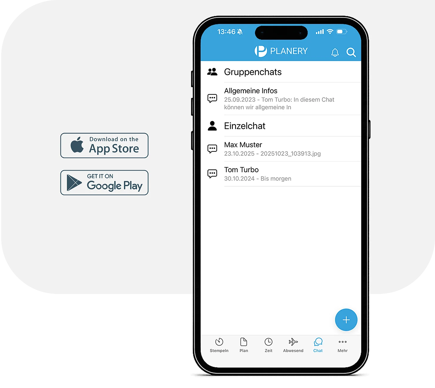 Mobiler Mitarbeiterchat für Unternehmen Abbildung eines Smartphones, im Display ist eine Chat-Übersicht in der Planery-App zu sehen.
