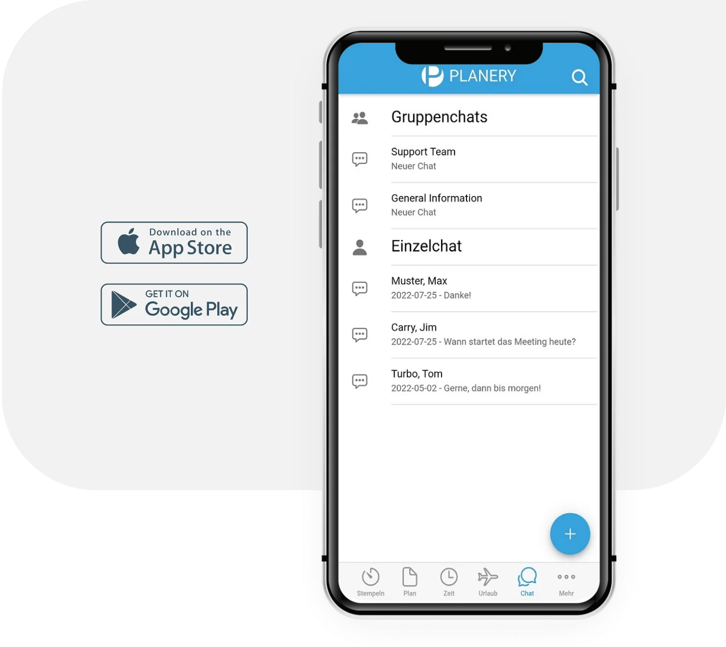 Mobiler Mitarbeiterchat für Unternehmen Abbildung eines Smartphones, im Display ist eine Chat-Übersicht in der Planery-App zu sehen.