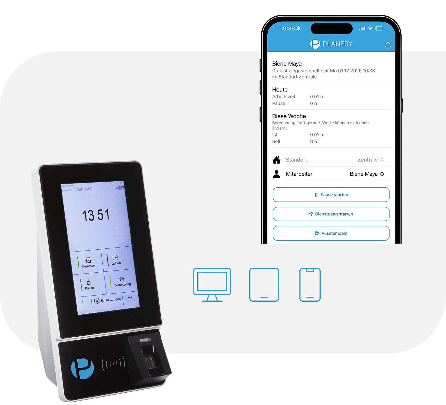 Flexible Zeiterfassung per Terminal oder Handy Hier sieht man die unterschiedlichen Geräte zur Zeitaufzeichnung: Hardware-Terminal, Tablet und die mobile App zum Stempeln.