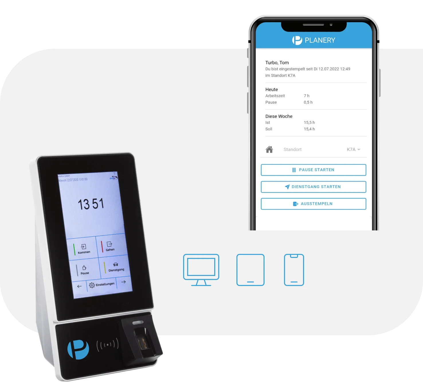 Flexible Zeiterfassung per Terminal oder Handy Hier sieht man die unterschiedlichen Geräte zur Zeitaufzeichnung: Hardware-Terminal, Tablet und die mobile App zum Stempeln.